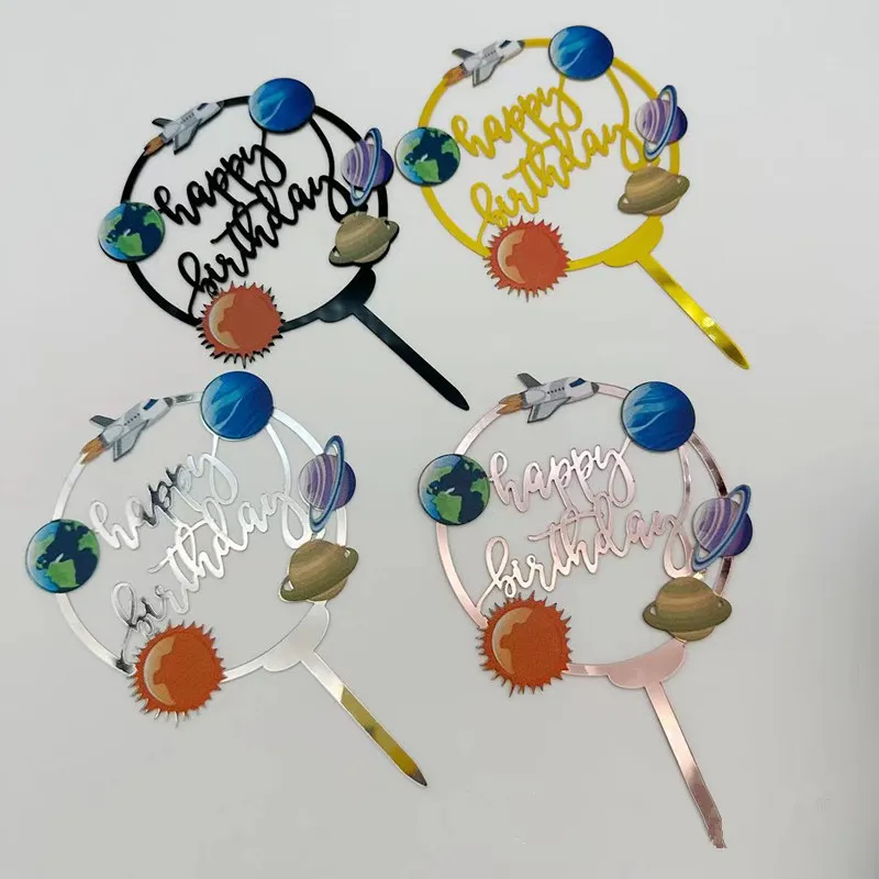 Kids Outdoor Merry Go Round - ゴールドスペースの装飾ケーキトッパー、シルバー、高級アクリル、キッズパーティーケーキトッパー、ベビーシャワーのデザートデコレーション、ハッピーバースデー