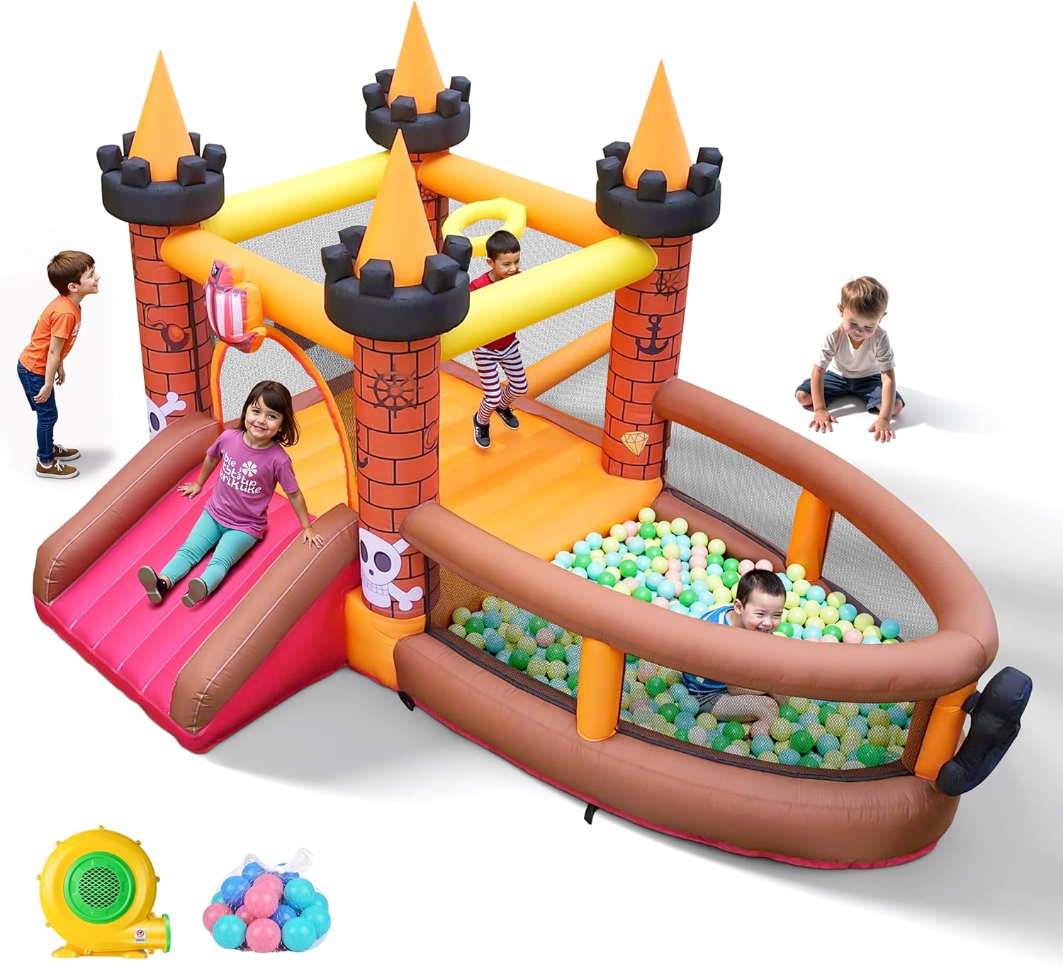 Kids Outdoor Jump House - 子供用インフレータブルバウンスハウス（3～8歳向け）：滑り台付きジャンプバウンシーキャッスル - 480W送風機付き幼児用屋外用ブロワー付きインフレータブルバウンサー