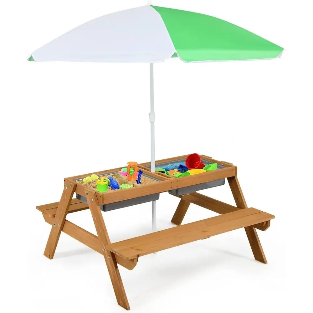 Kids Outdoor Garden Set - 4-in-1木製砂場＆水遊びピクニックテーブル、取り外し可能なボックスと傘付き、子供用、屋外裏庭ガーデン家具セット