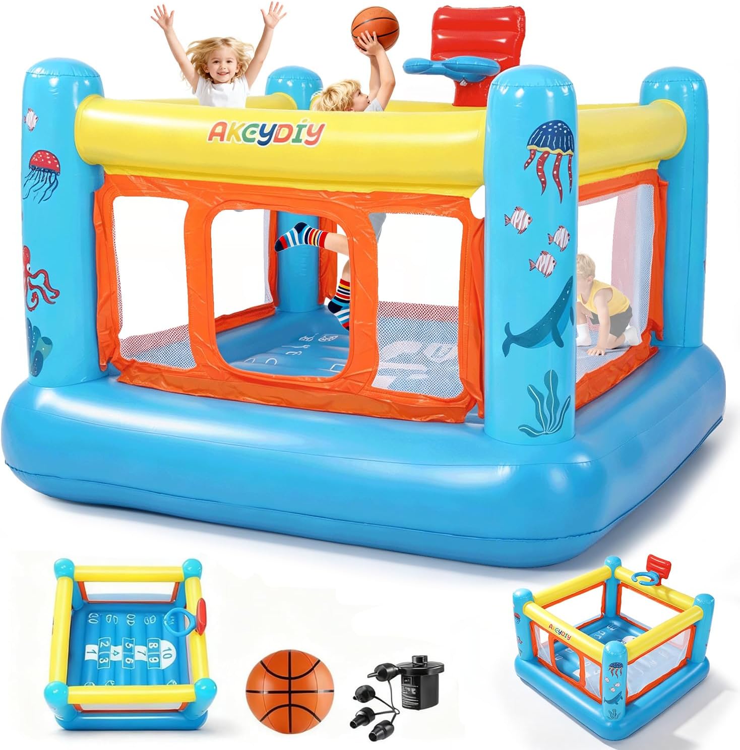 Kids Outdoor Jump House - バウンスハウス、子供用PVC製インフレータブルバウンスハウス（3～6歳向け） | 屋内外兼用幼児用バウンスハウス、バスケットボールフープ付きジャンプキャッスル