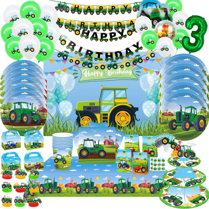 Kids Outdoor Excavator - グリーンファームトラクターテーマ使い捨て食器紙コッププレート掘削機車両子供の誕生日バナーケーキトッパーパーティーの装飾