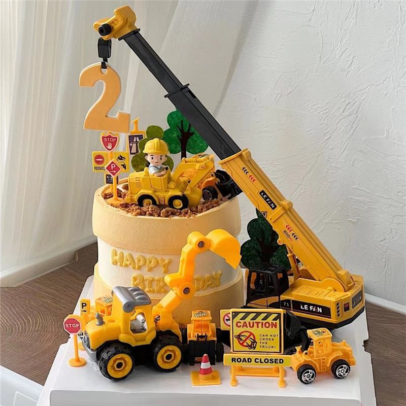 Kids Outdoor Excavator - 掘削機とトラクタークレーンのケーキトッパー、建設工学、子供のための誕生日ケーキの装飾、ベビーシャワー、男の子の誕生日パーティーの装飾
