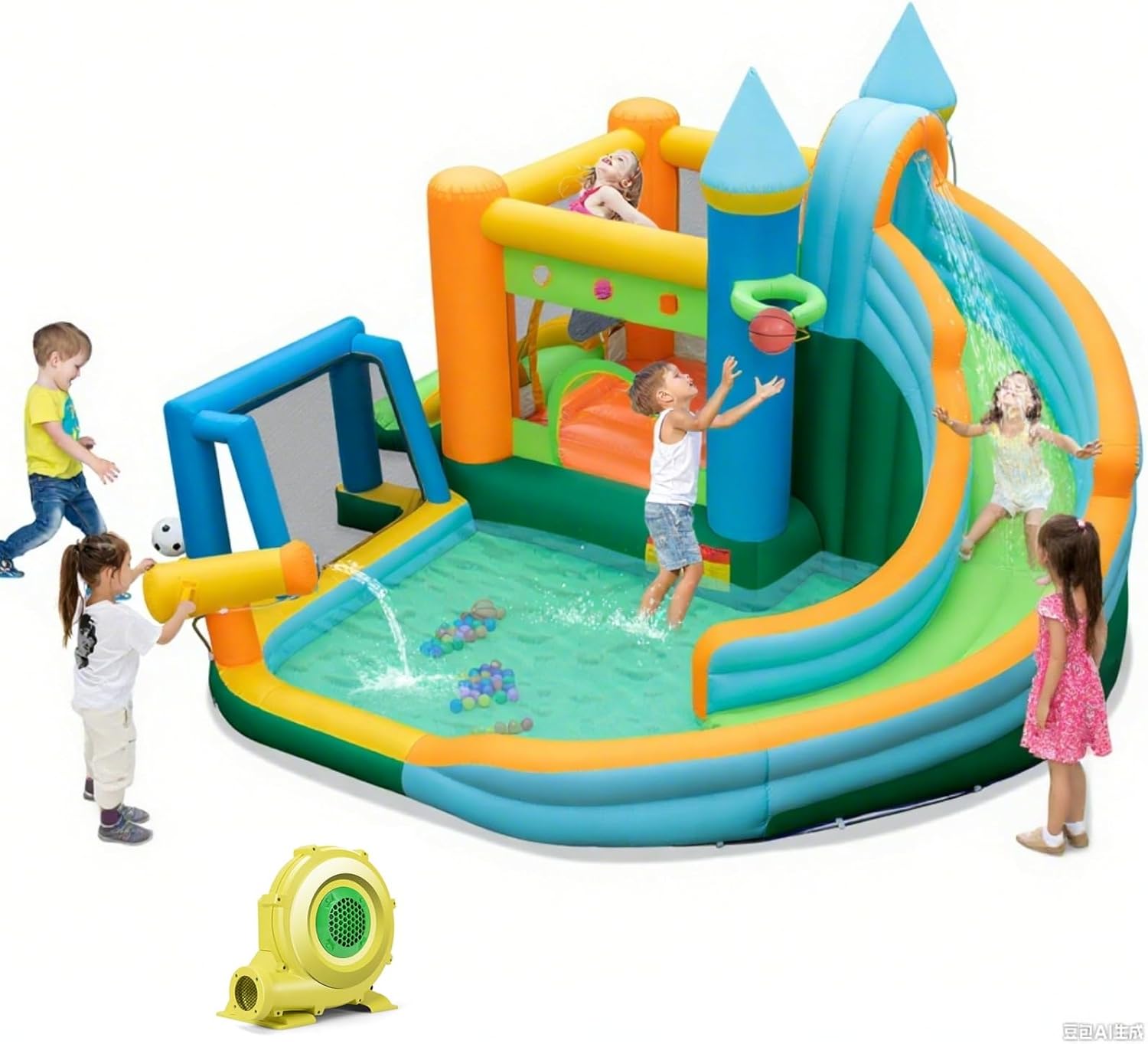 Kids Outdoor Jump House - 9in1大型子供用インフレータブルウォータースライドバウンスハウス - ダブルスライド、オーシャンボール、サッカーゴール、送風機付き - 屋外裏庭ジャンプキャッスルギフト