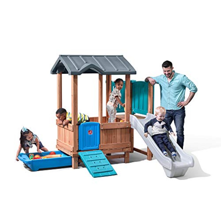 Kids Outdoor Adventure - ウッドランドアドベンチャー プレイハウス＆スライド、子供用屋外遊具セット、裏庭遊具セット、ブランコ、収納引き出し、木製＆耐久性素材製