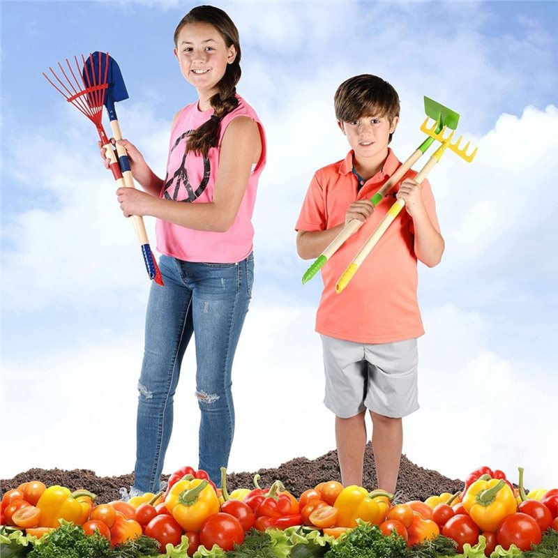 Kids Outdoor Garden Set - B05C-子供用ガーデンツールセット 4点セット-木製-葉かき、鍬、熊手、シャベル 最高のアウトドアおもちゃ