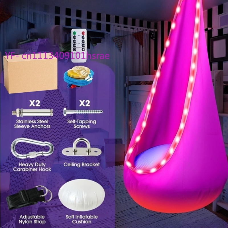 Kids Outdoor Hammock - 光るLEDインフレータブルハンモック ポータブルプラッシュハンギングスイングチェア 室内屋外兼用 シングルサスペンデッドハンモック ライト付き 子供用