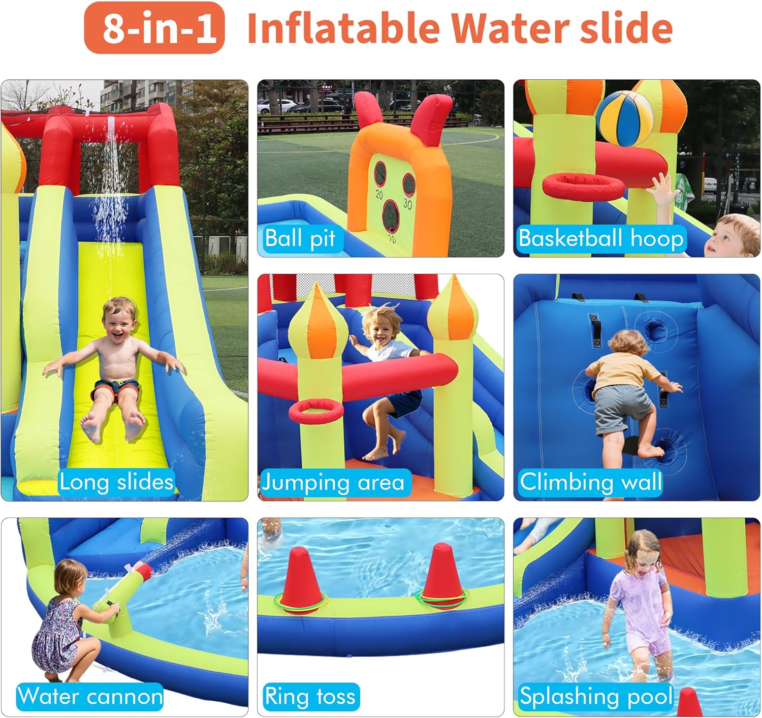 子供用ジャンプキャッスル、長いインフレータブルウォータースラ - Kids Outdoor Jump House のレビューと価格