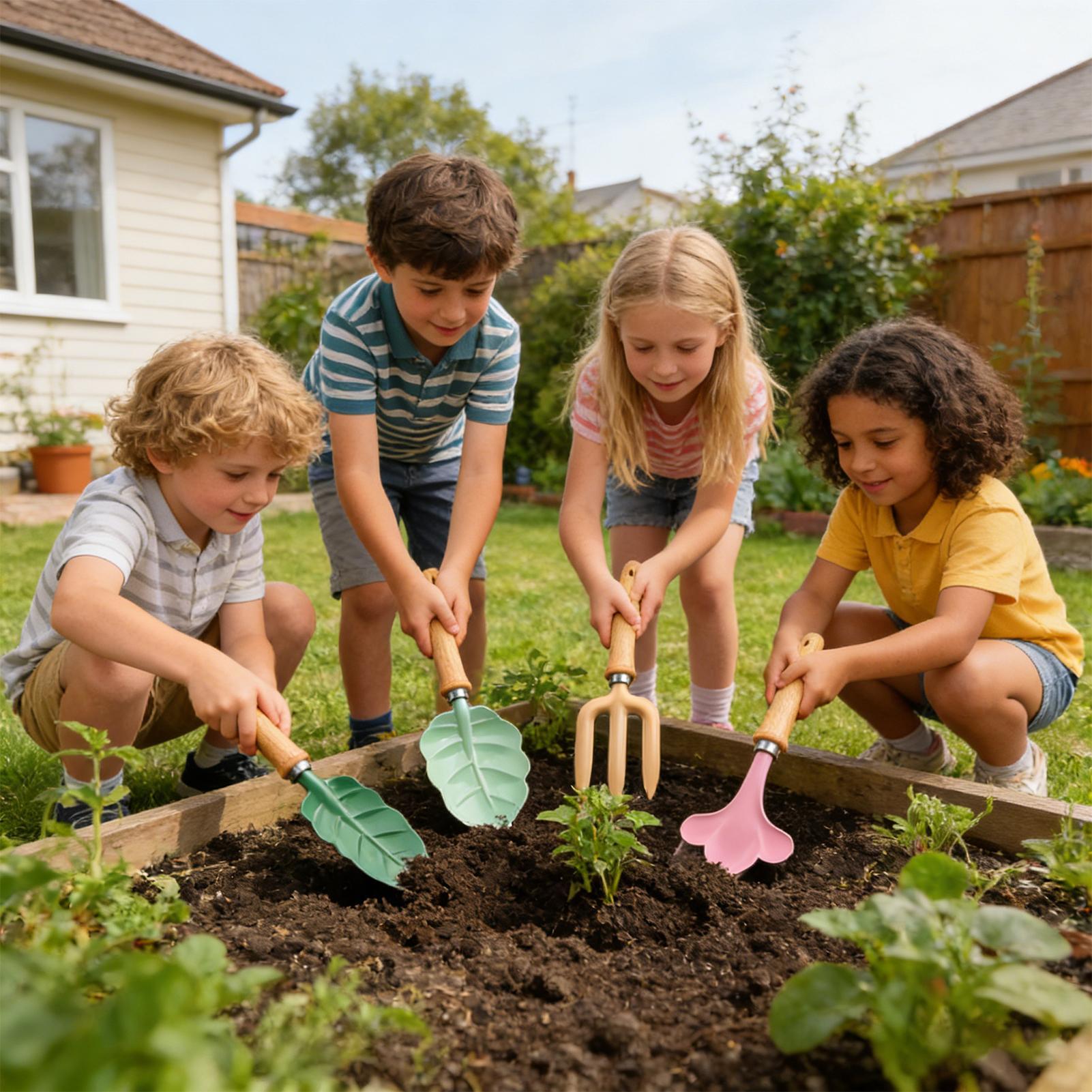 キッズガーデニングセット 4ピース 葉っぱ型 ポータブル掘削 - Kids Outdoor Garden Set のレビューと価格