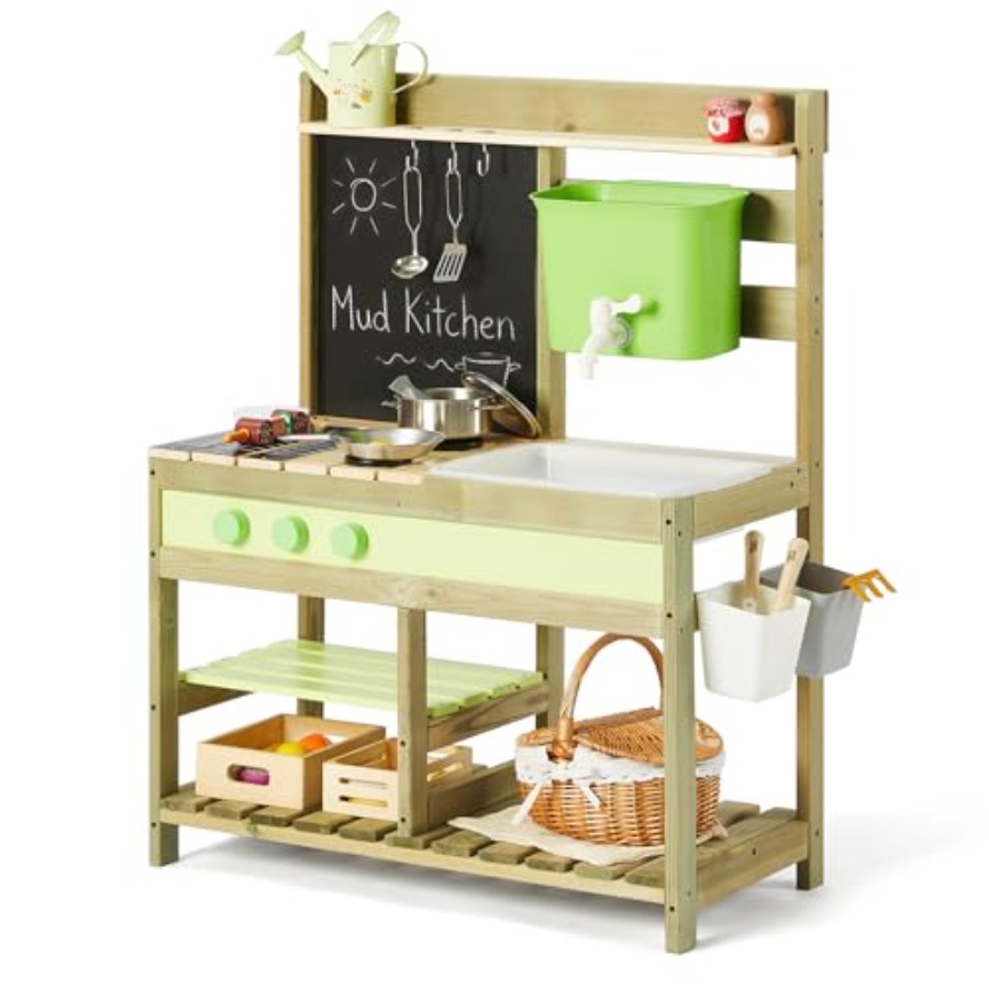 子供用屋外泥遊びキッチン：天然木色の木製プレイセット、4.8 - Kids Outdoor Mud Table のレビューと価格